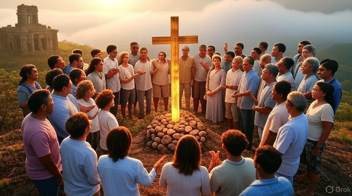 Un groupe de personnes debout autour d'une croix. Le contenu généré par l'IA peut être incorrect.